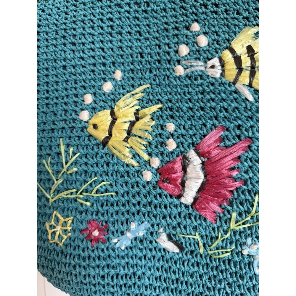 Vintage Tropical Fish Embroidered Crochet Straw Tote Bag Blue Summer Vacation - Picture 6 of 14